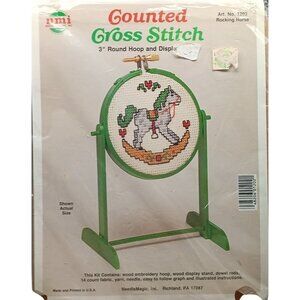 NMI Gounted Cross Stitch Kit 3" Round Hoop & Display Stand Rocking Horse Vintage